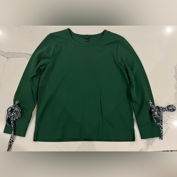 Ann Taylor Hunter Green Sweatshirt Sweater with Floral Ties Size Large - Picture 2 of 7